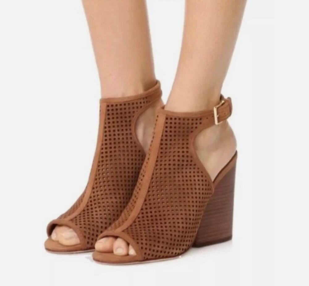 Tory Burch Women 7 Tan Jessie Perforated Suede High Heel Open Toe Strappy Bootie